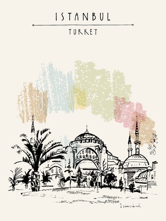 338x450 Istanbul, Turkey. Famous Hagia Sophia Mosque. Hand Drawn Tourist - Hagia Sophia Sketch