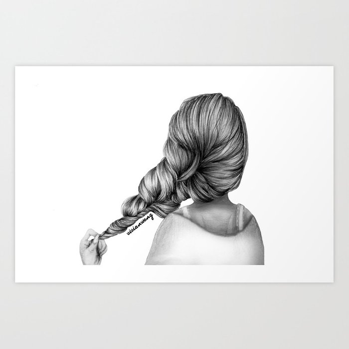 700x700 Girl Holding Hair Braid Pencil Drawing Art Print By - Hair Braid Sketch