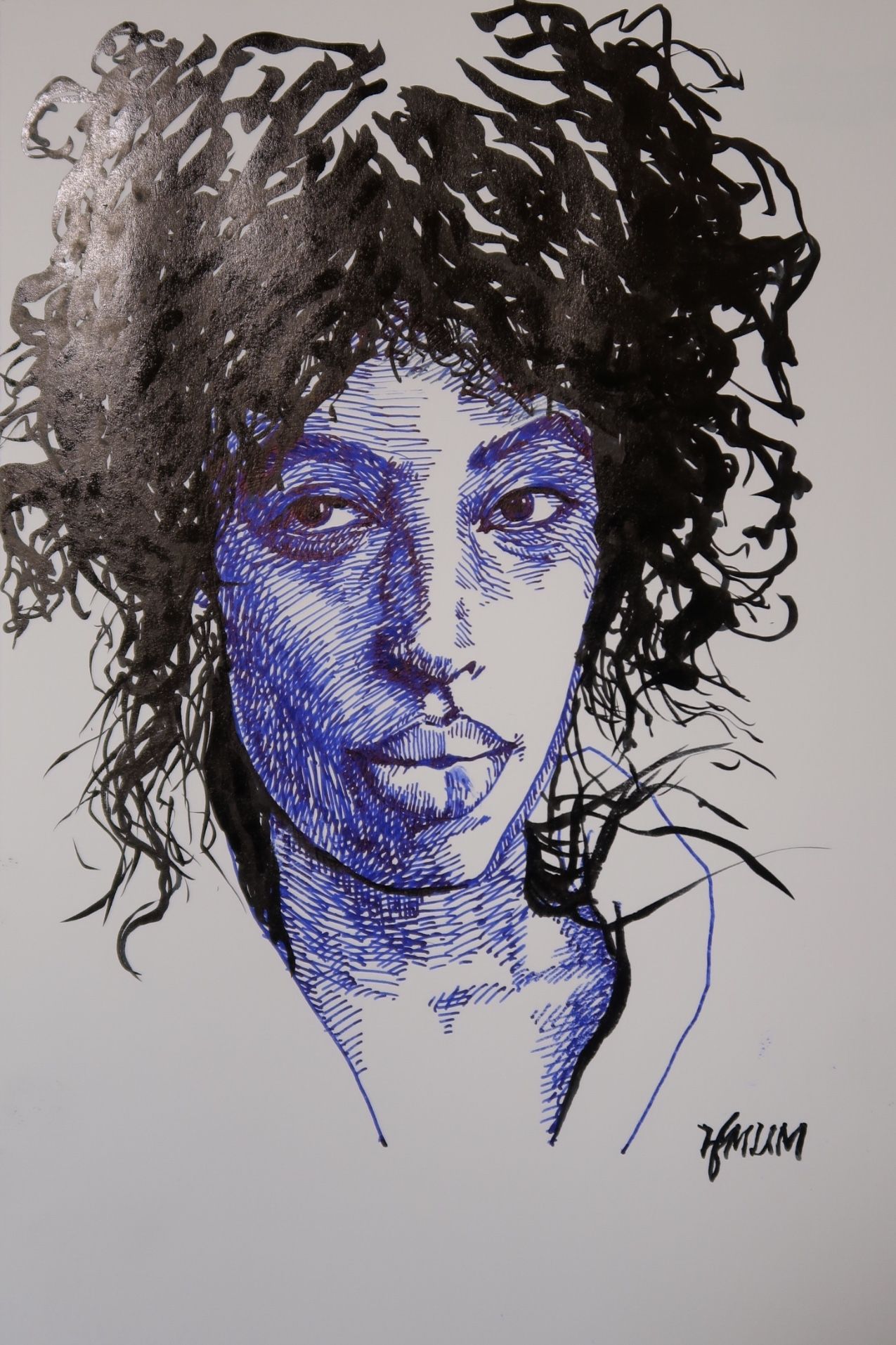 1275x1914 Perm Hair. Face Study. Fountain Pen Amp Brush Pen Drawing - Hair Brush Sketch