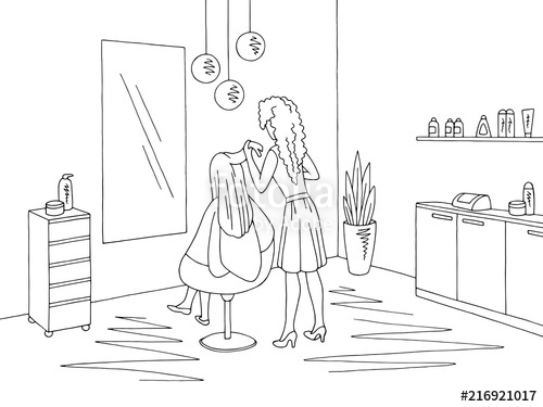 500x375 Hair Salon Graphic Black White Interior Sketch Illustration Vector - Hair Salon Sketch
