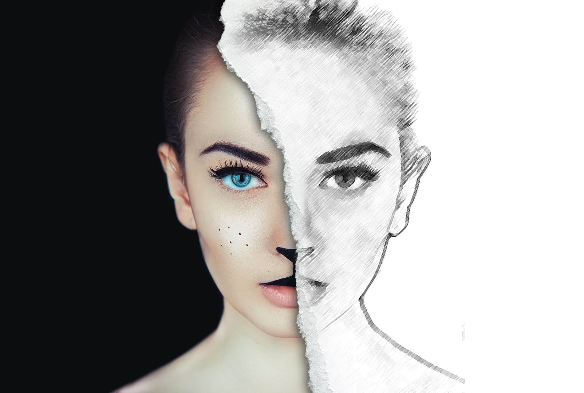 1900x1280 Half Sketch Effect - Half Face Sketch