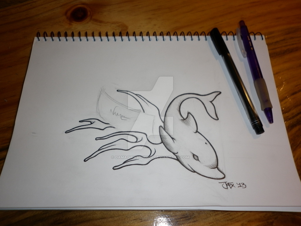 1024x768 Dolphin Tattoo Half Sketch By Damaginkstudios - Half Sketch
