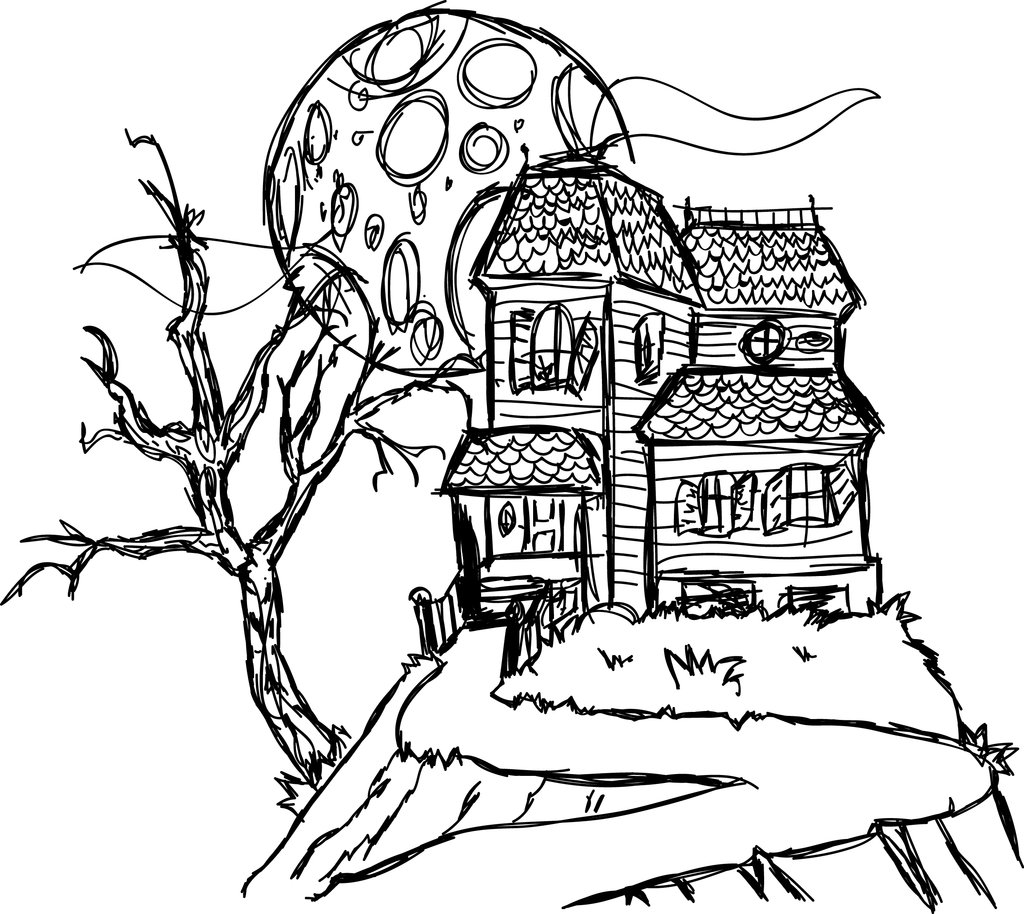 1024x914 Free Printable Haunted House Coloring Pages For Kids, Spooky House - Halloween House Sketch