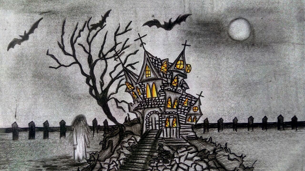 1280x720 Haunted House Drawing - Halloween House Sketch