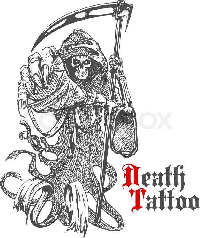 674x800 Terrible Grim Reaper Or Death With Scythe Character. Sketch Of - Halloween Skeleton Sketch
