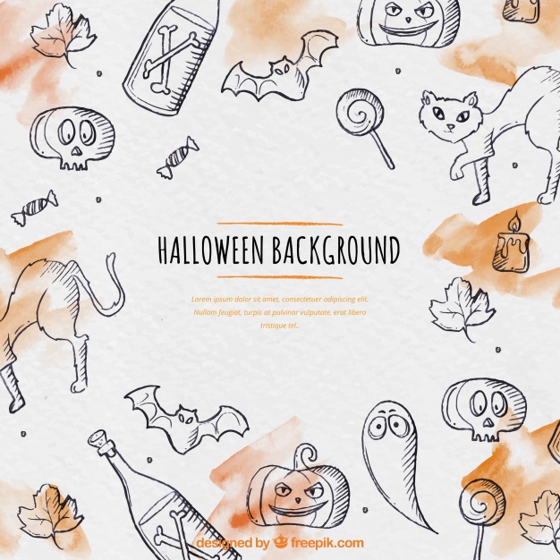 626x626 Watercolor Background With Halloween Sketches Vector Free Download - Halloween Sketches