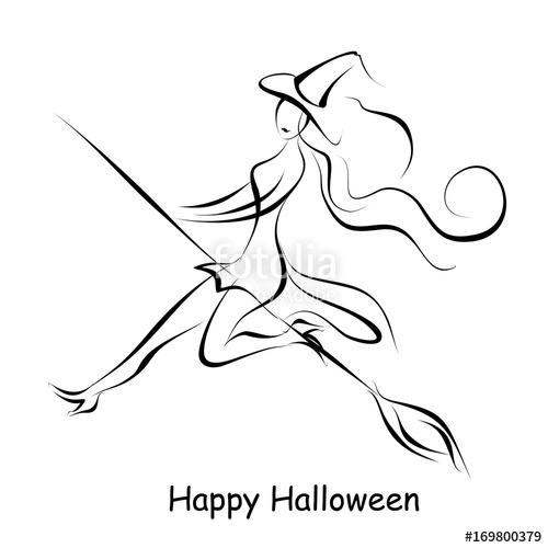 500x500 Halloween. Witch Flying On Broom. Hand Drawn Vector Outline Brush - Halloween Witch Sketch