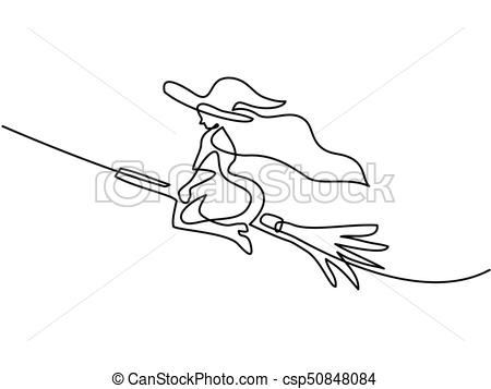 450x357 Continuous Line Drawing Of Black Halloween Witch On Broom. Vector - Halloween Witch Sketch
