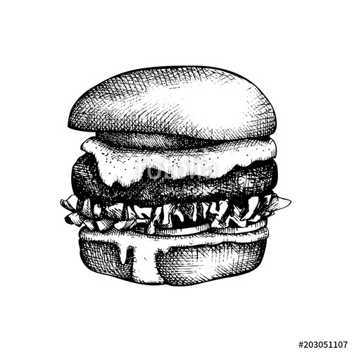 500x500 Hand Drawn Burger Sketch. Hamburger Vector Illustrations. Fast - Hamburger Sketch