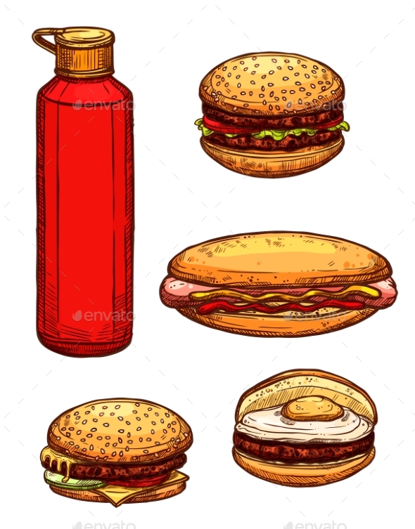 590x753 Fast Food Hamburgers, Ketchup Sketch Vector Icons By Vectortradition - Hamburger Sketch