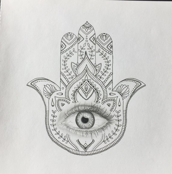 570x578 Hamsa Hand Of Fatima Original Drawing With Realistic Graphite Etsy - Hamsa Hand Sketch