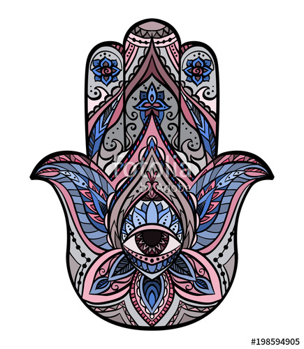 435x500 Colored Illustration Of Hamsa With Boho Pattern. Buddhas Hand - Hamsa Sketch
