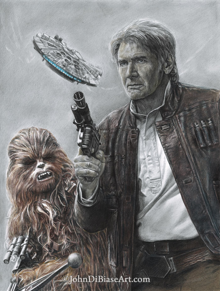 700x925 Pencil Drawing Of Harrison Ford As Han Solo With Chewbacca And The - Han Solo Sketch