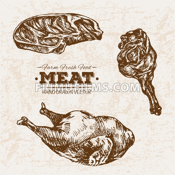 600x600 Hand Drawn Sketch Meat Products Set, Farm Fresh Food, Black And - Hand Drawn Sketch