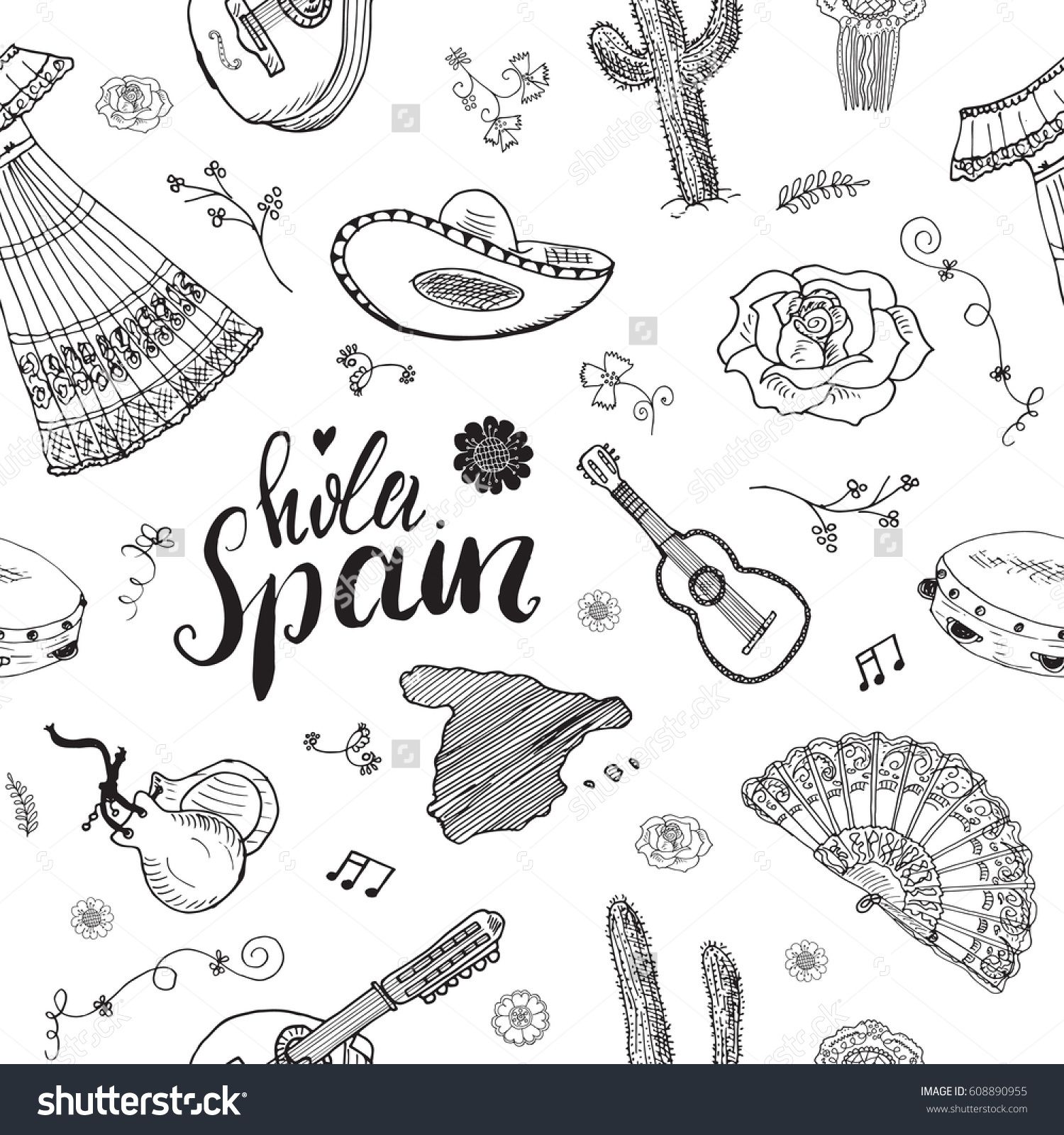 1500x1600 Spain Seamless Pattern Doodle Elements, Hand Drawn Sketch Spanish - Hand Drawn Sketch