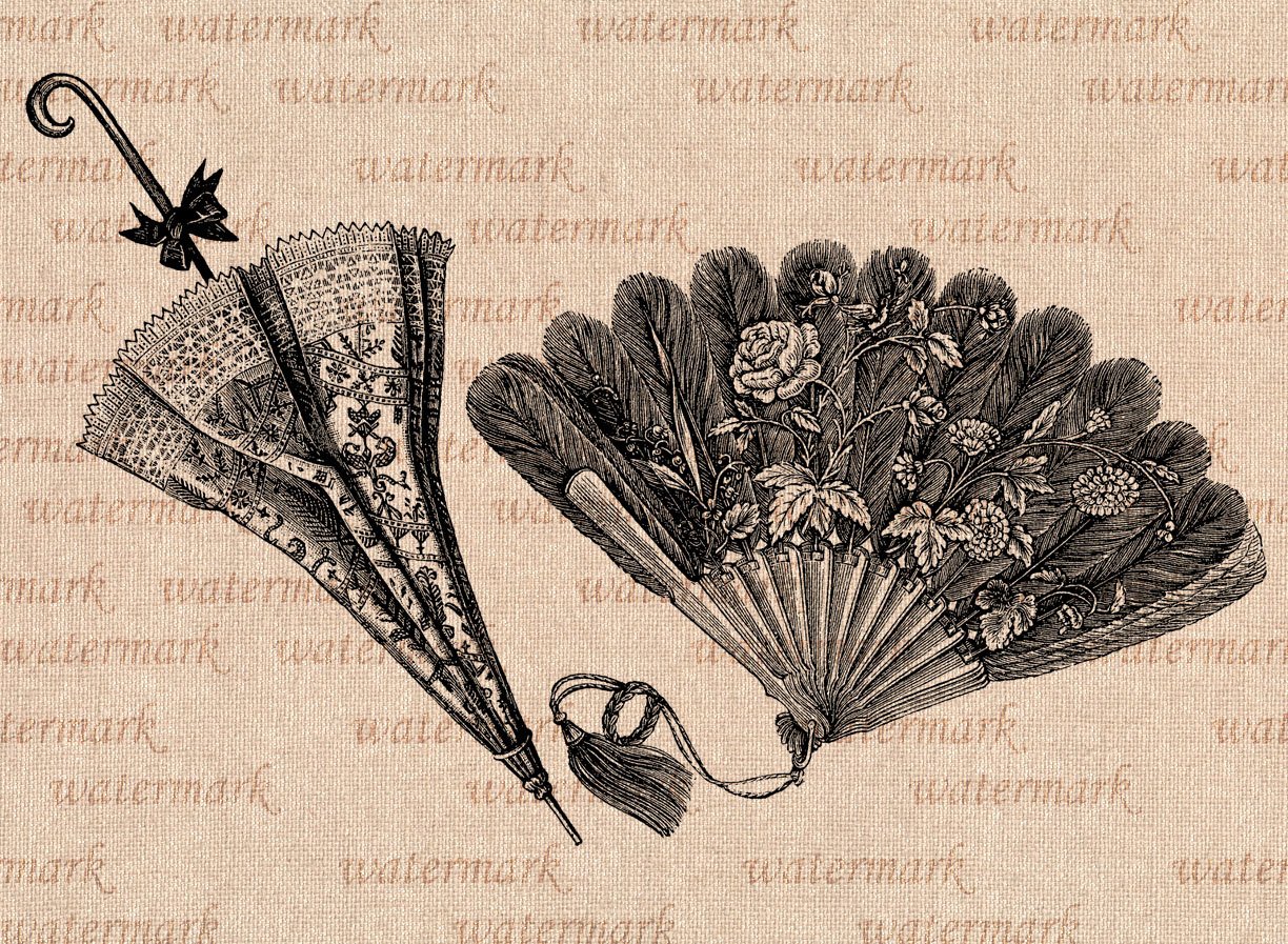 1224x897 Hand Fan And Sun Umbrella Victorian Time Digital Image Etsy - Hand Fan Sketch