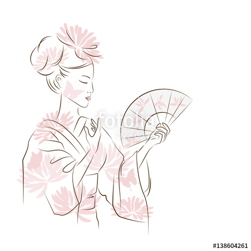 500x500 Beautiful Geisha Girl. Asian Woman Dancing With Fan. Oriental - Hand Fan Sketch