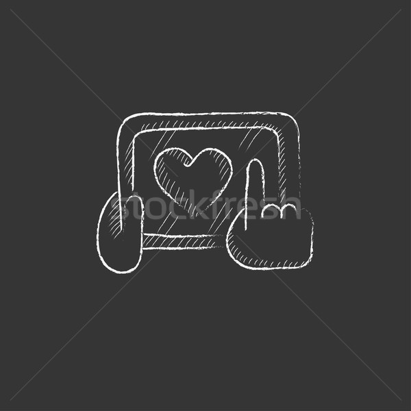 600x600 Hands Holding Tablet With Heart Sign. Drawn In Chalk Icon. Vector - Hand Holding Heart Sketch