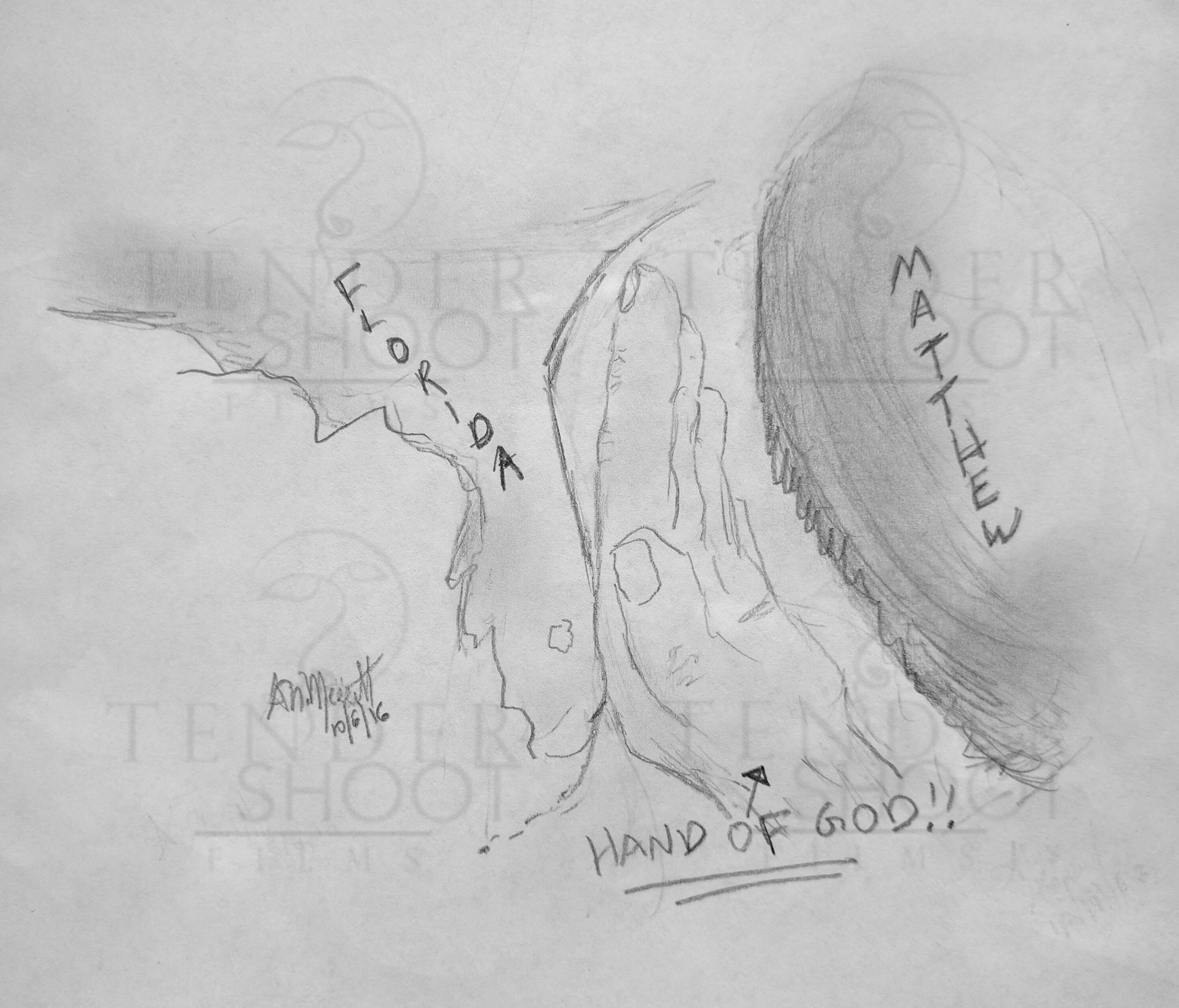 2992x2558 Tender Shoot Films Of Artwork To Aid Hurricane Victims - Hand Of God Sketch