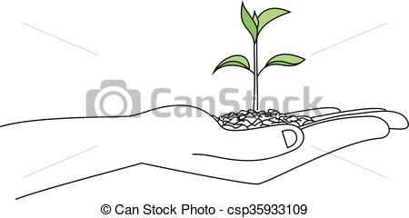 450x240 New Plant On Palm Of A Hand Sketch Illustration. - Hand Palm Sketch