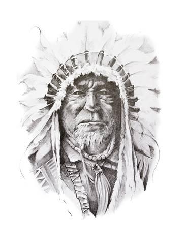 366x488 Tattoo Sketch Of Native American Indian Chief, Hand Made Print By - Hand Sketch Tattoo