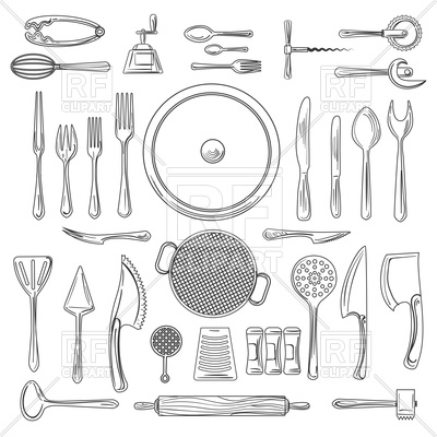400x400 Kitchen Utensils Or Kitchenware Sketch. Hand Drawn Cooking Tools - Hand Tools Sketch