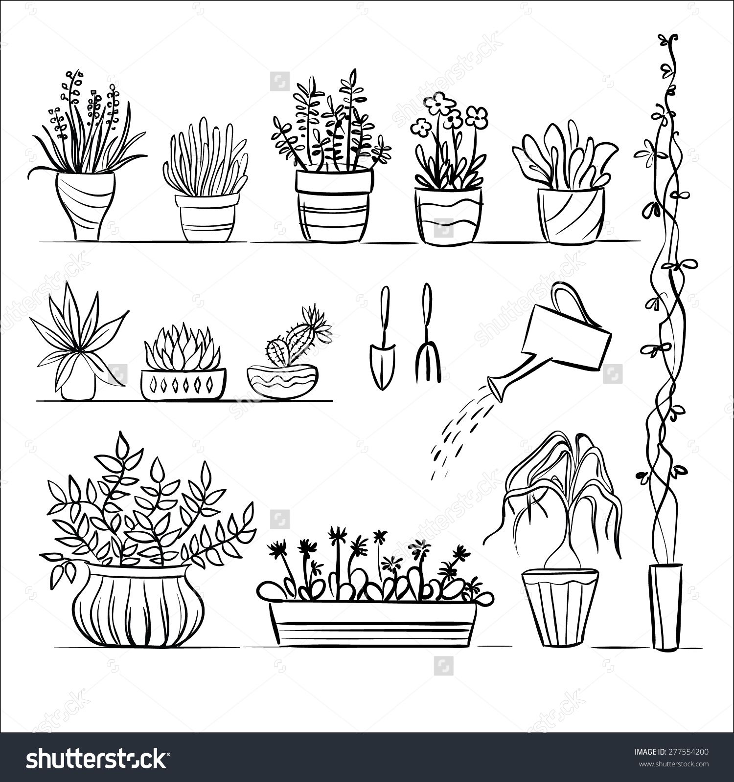 1500x1600 Pot Plants And Tools Sketch. Hand Drawing Set, Gardening Vector - Hand Tools Sketch