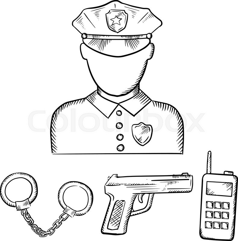 790x800 Policeman Officer In Uniform And Peaked Cap With Handcuffs, Gun - Handcuffs Sketch