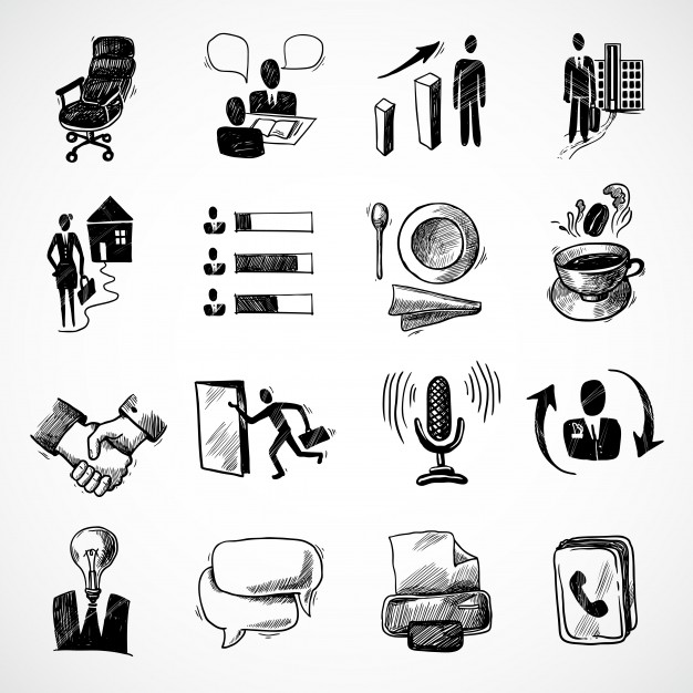 626x626 Office Business Sketch Icons Set With Tea Cup Handshake Chart - Handshake Sketch