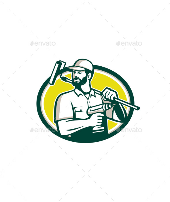 590x700 Handyman Bearded Drill Paintroller Oval Retro By Patrimonio - Handyman Sketch