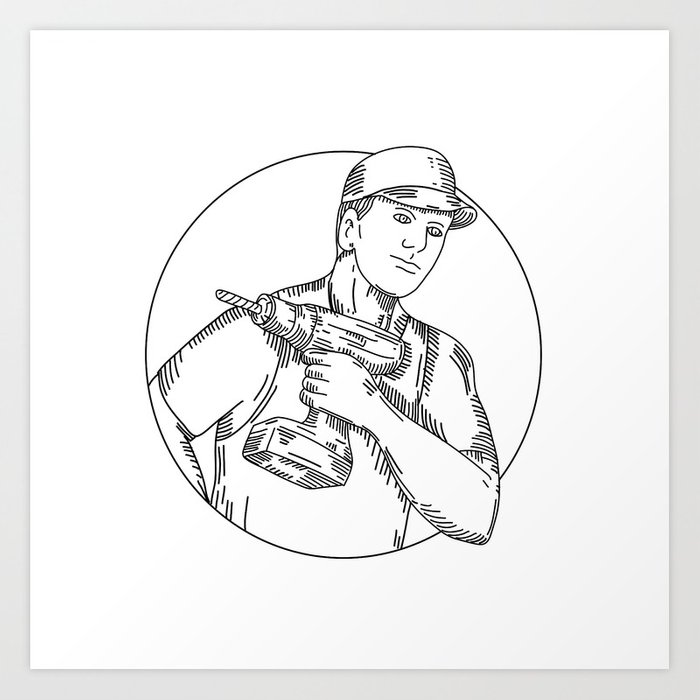 700x700 Handyman Cordless Drill Mono Line Art Print By Patrimonio Society6 - Handyman Sketch