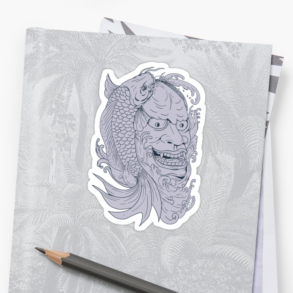 1000x1000 Hannya Mask And Koi Fish Drawing Stickers By Patrimonio Redbubble - Hannya Mask Sketch