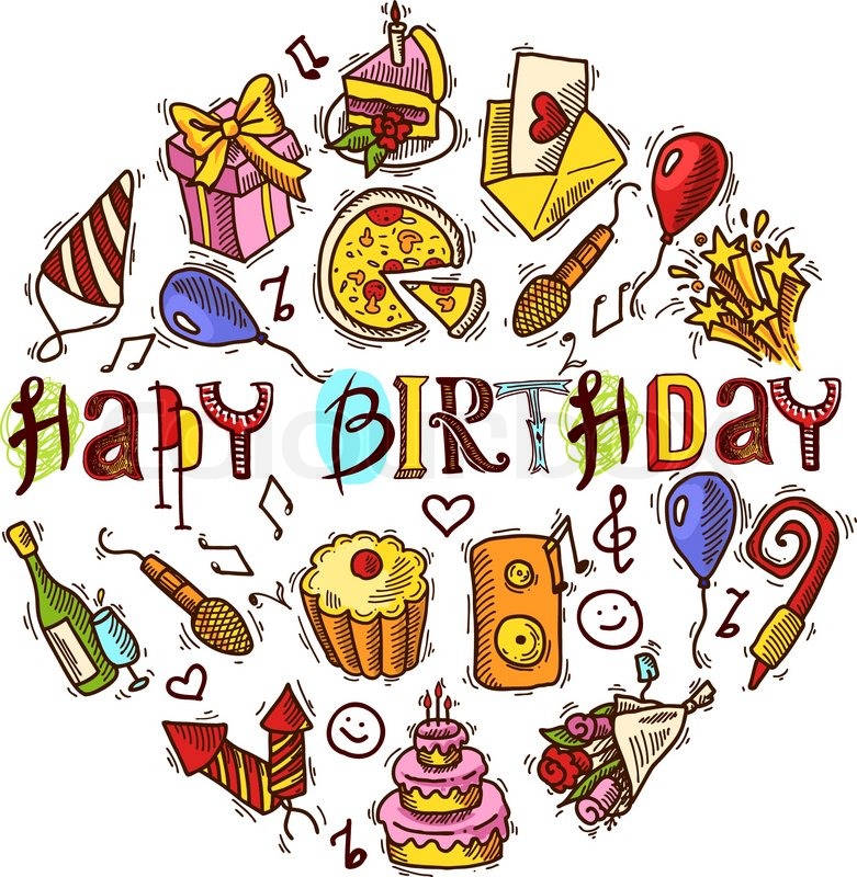 781x800 Happy Birthday Party Celebration Colored Decorative Elements Set - Happy Birthday Sketch