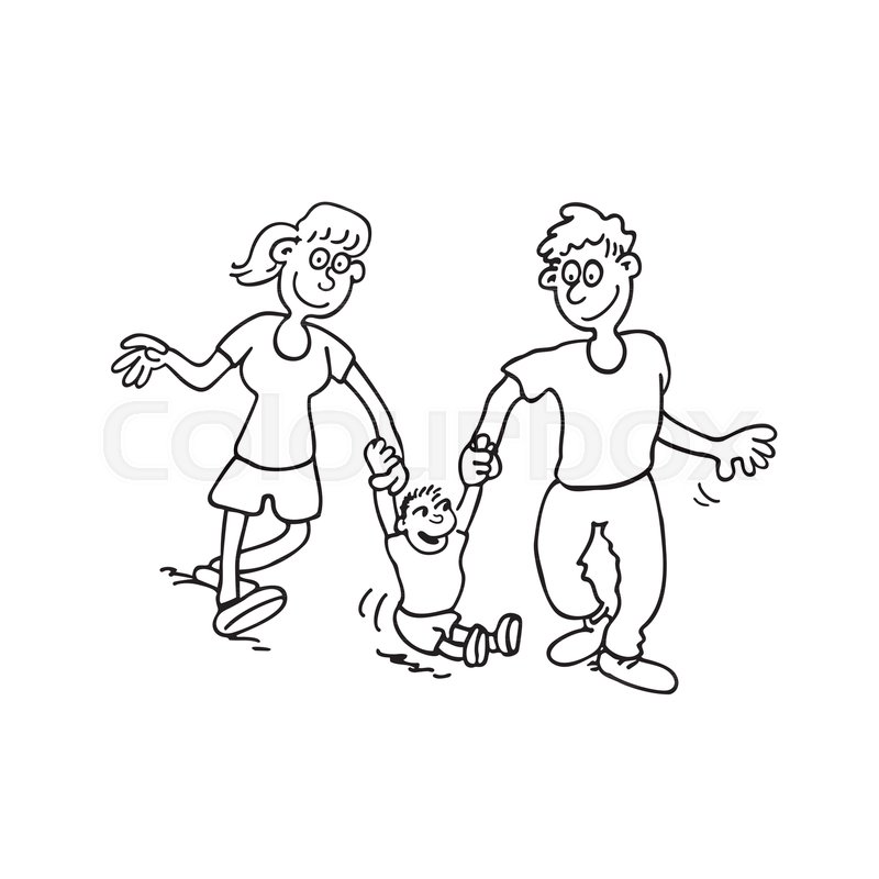 800x800 Happy Family Cartoon. Outlined Cartoon Handrawn Sketch - Happy Family Sketch