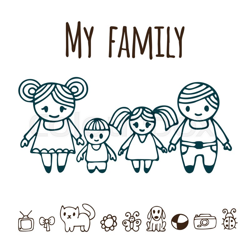 800x800 Happy Family With Two Children In Cartoon Style. Hand Drawn Doodle - Happy Family Sketch