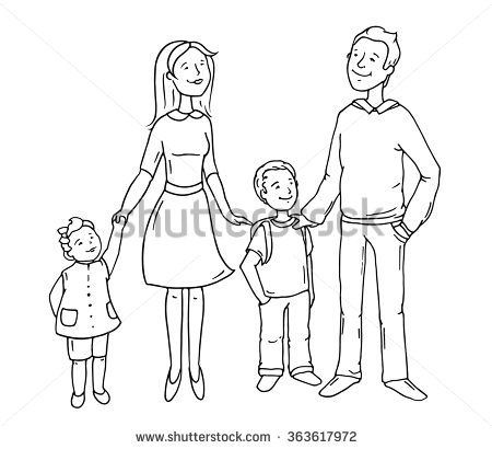 450x410 Sketch Cartoon Happy Family Standing Together. Cute Doodle - Happy Family Sketch