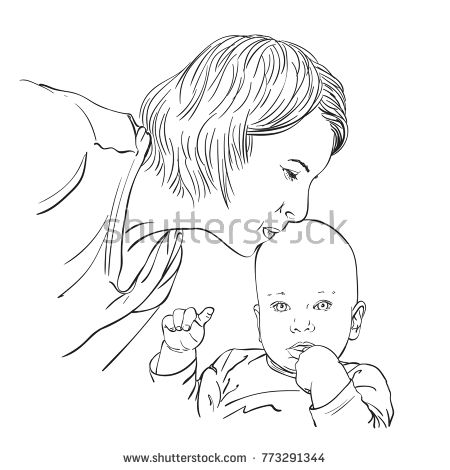450x470 Sketch Of Mother Tenderly With Love Kissing Baby In His Head - Happy Family Sketch