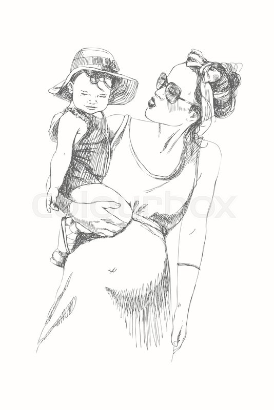 534x800 Vector Sketch Of Happy Family Parent And Children. Pregnancy - Happy Family Sketch