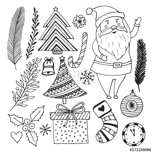 500x500 Happy New Year Sketch Doodle Set. Christmas Coloring Book - Happy New Year Sketch