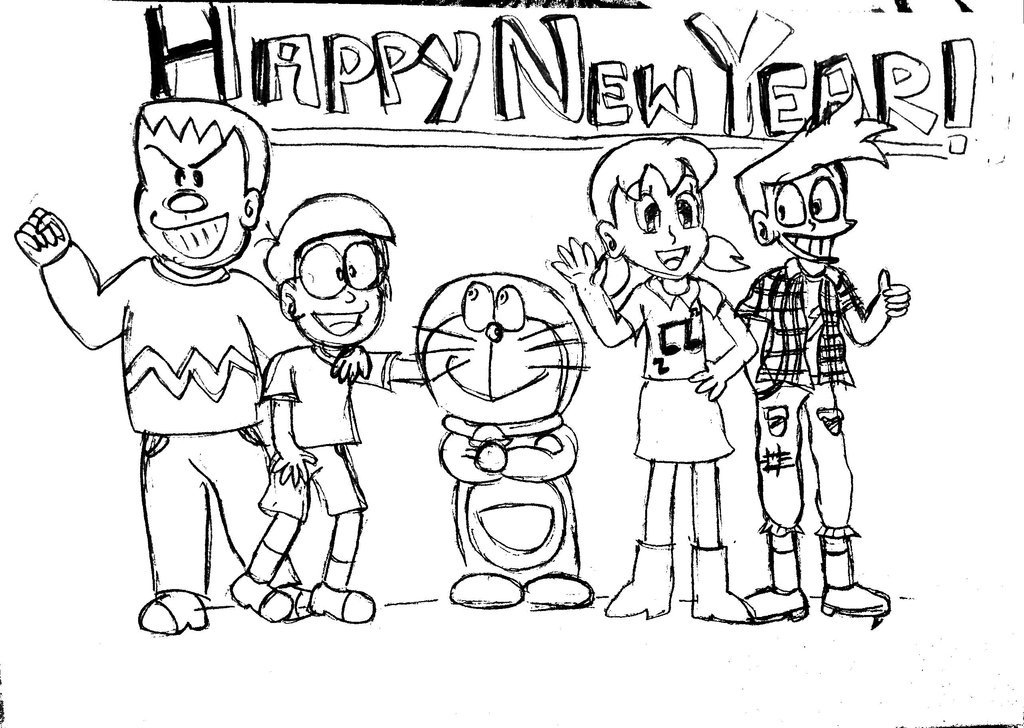 1024x728 Doraemon And Friends Happy New Year! (Sketch) By Doraemon Suneo On - Happy New Year Sketch