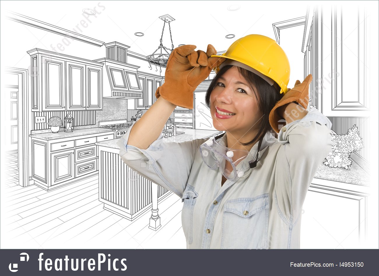 1300x948 Hispanic Woman In Hard Hat With Kitchen Drawing Behind Stock Image - Hard Hat Sketch