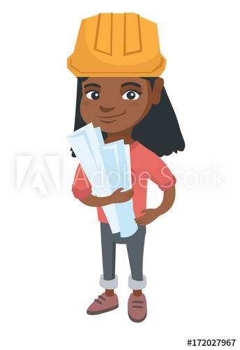 344x500 Little African Engineer Girl Wearing Hard Hat And Holding Paper - Hard Hat Sketch