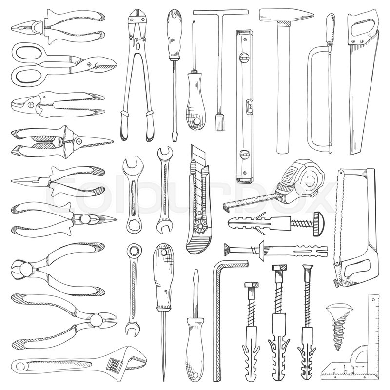 800x800 Set Of Tools, Hardware. Different Fastener Isolated On White - Hardware Sketch