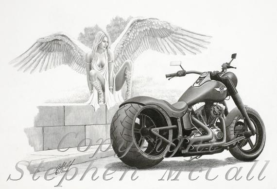 570x390 Original Pencil Drawing Temptation By Stephen Etsy - Harley Motorcycle Sketch