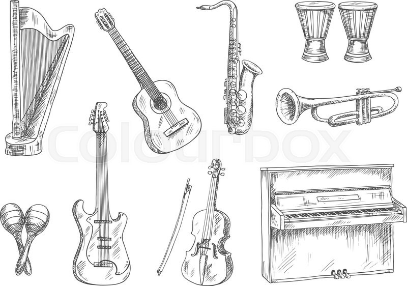 800x562 Classic Acoustic And Electric Guitars, Saxophone, Violin, Trumpet - Harp Sketch