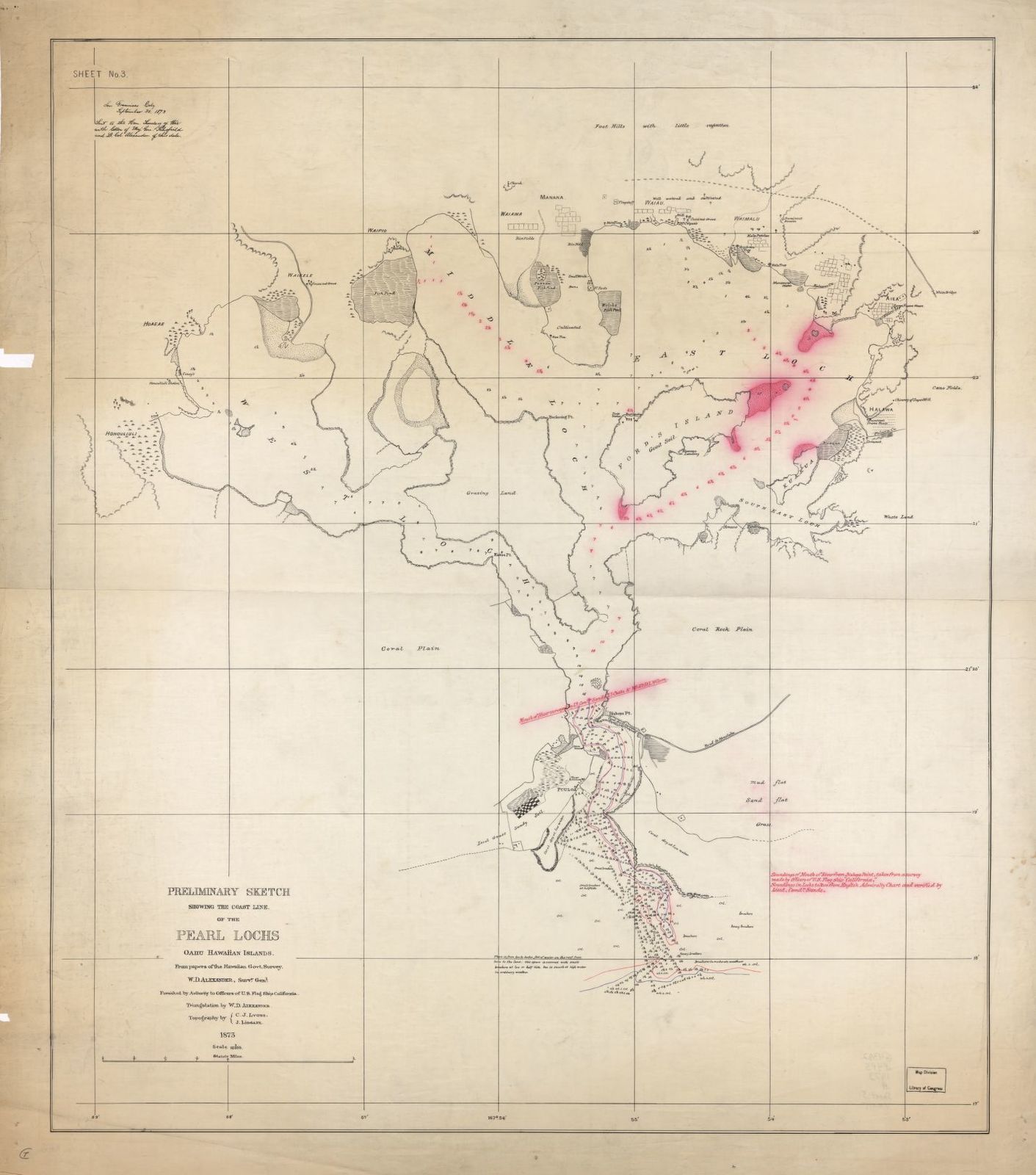 1411x1600 Preliminary Sketch Showing The Coast Line Of The Pearl Lochs, Oahu - Hawaiian Islands Sketch