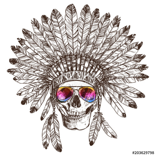 500x500 Hand Drawn Native American Indian Headdress With Human Skull And - Headdress Sketch