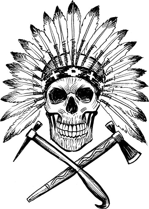 486x679 Pen Sketch Black And White Skull With Feather - Headdress Sketch