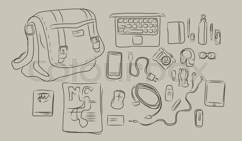 800x467 Sketch Of Things Inside Bag, From Laptop To Headphone, Book - Headphone Design Sketch