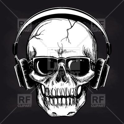 400x400 Black And White Sketch Of Skull And Headphones Vector Image - Headphones Sketch